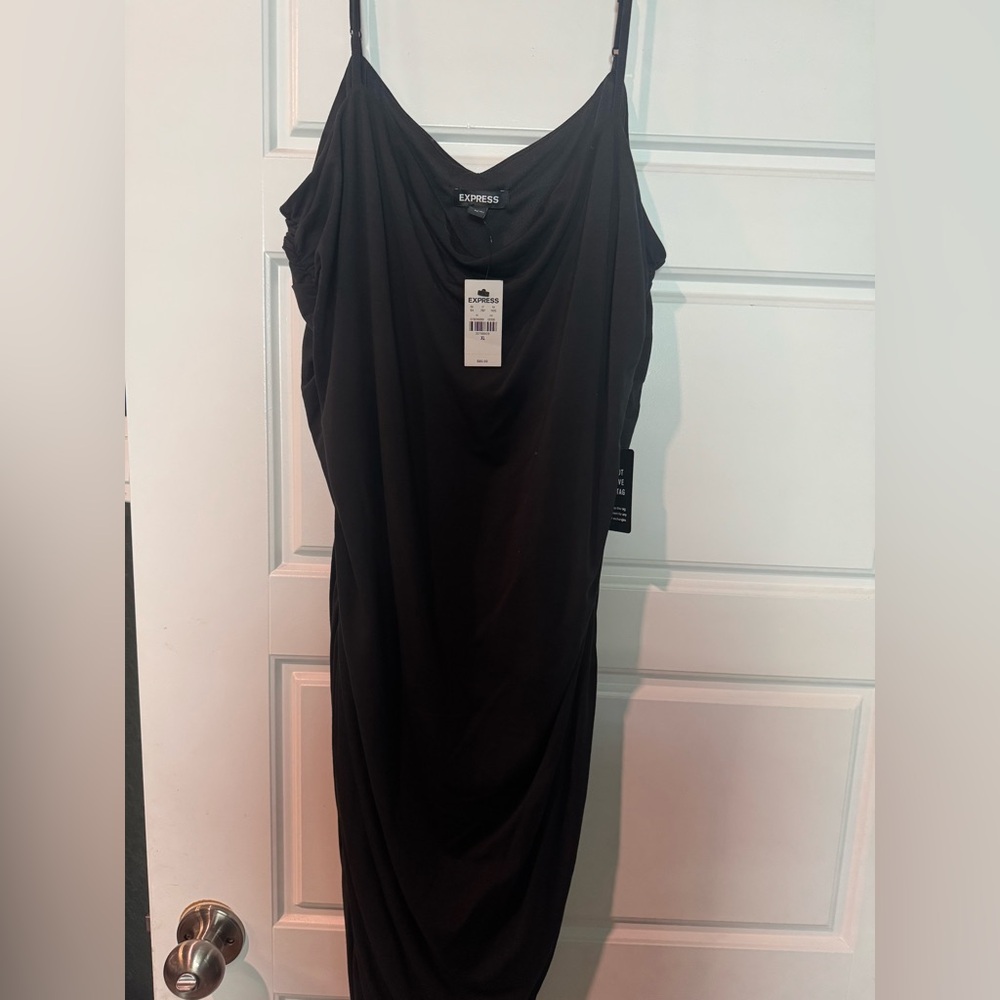 Express Sophisticated Midi Black Ruched Dress